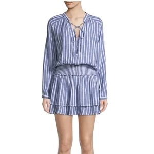 Rails Size S Jasmine Mini Dress Tie-Neck Smocked-Waist Azure Striped Lin…